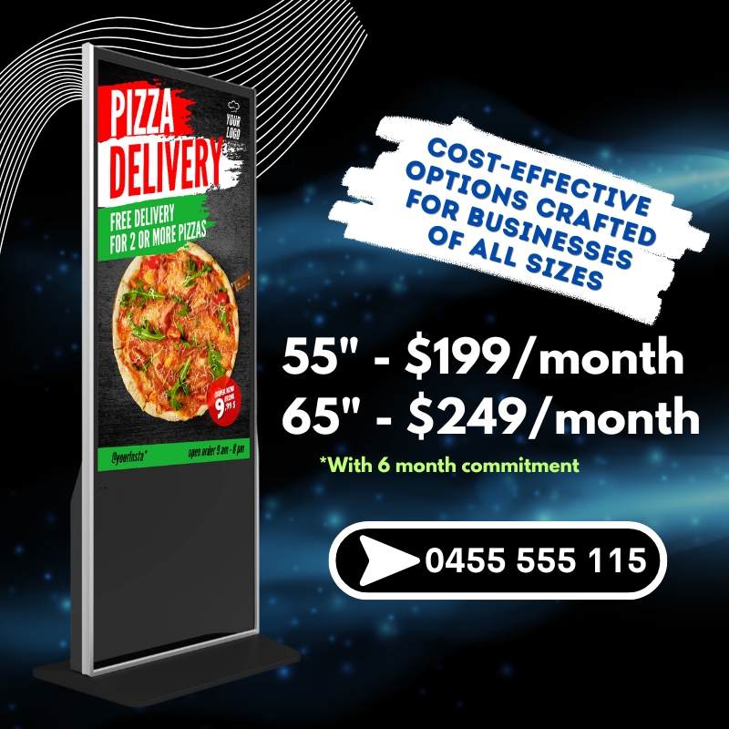 Take your business to the next level with our Digital Displays. 55 inch at $199 per month. 65 inch at $249 per month. Call 0455 555 115. Short term hires start from $199 per day. View our pricing page for short term event hire. Delivery charges apply.